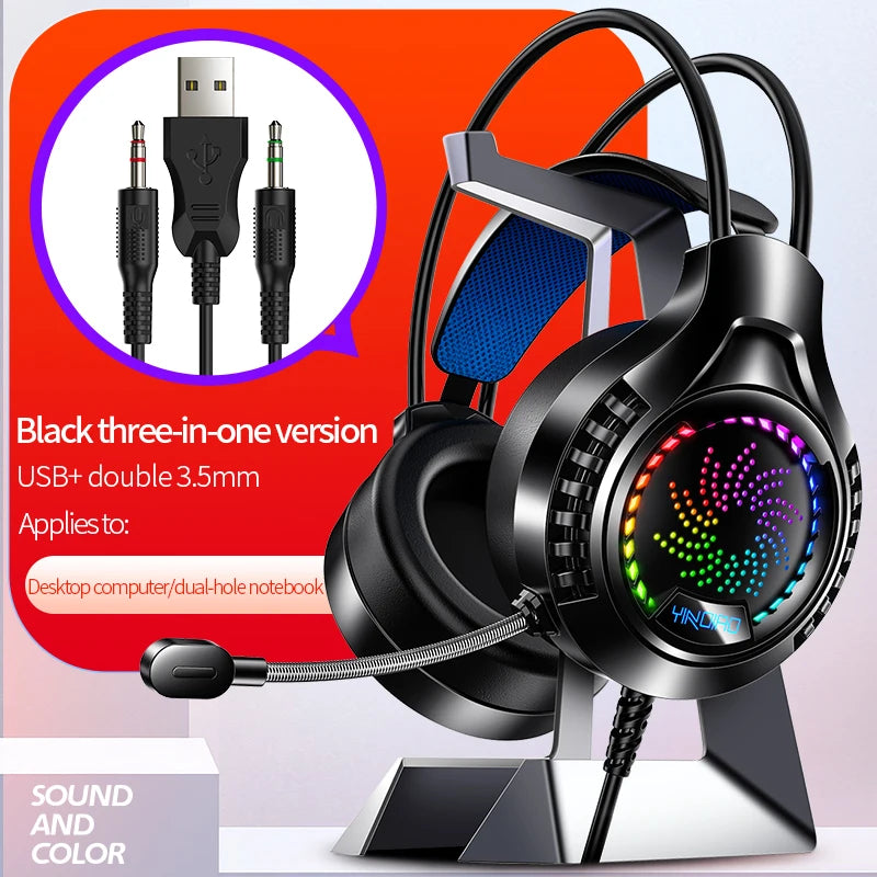 RGB Gaming Headset with Microphone 7.1 Surround HD Sound Stereo Dual 3.5mm USB  Wired Headphone For PS5 PC Laptop Phone