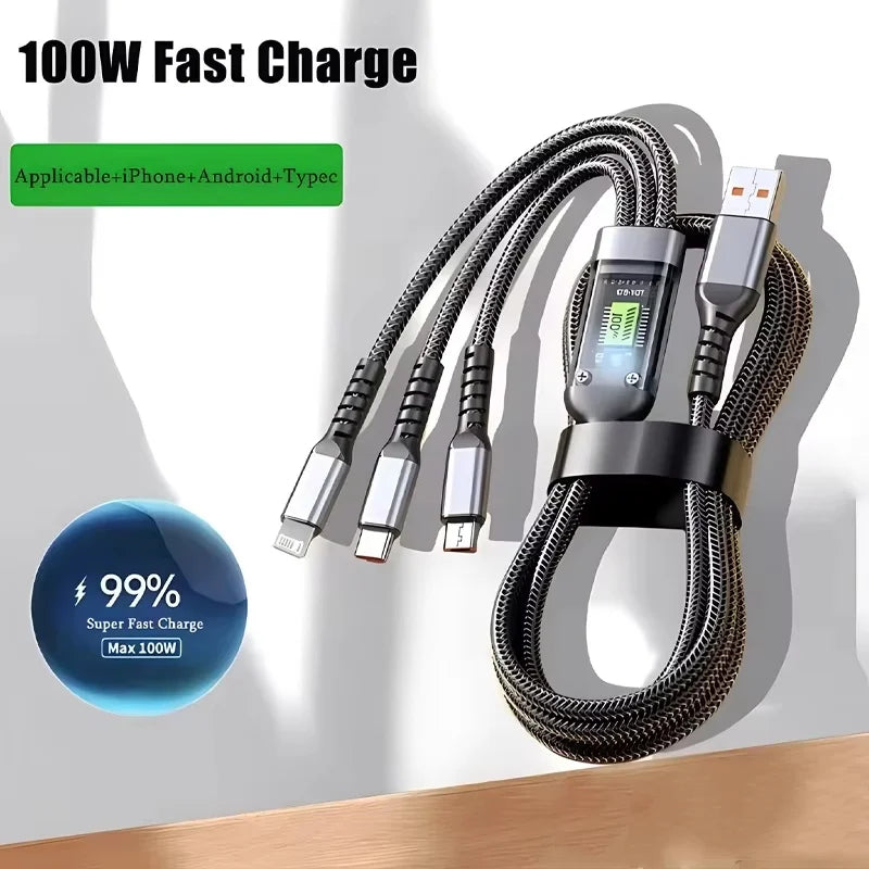 3 In 1 100W Transparent Pilot Lamp Super Fast Charging Cable Universal with TypeC Usb Micro for Iphone Huawei 1.2/2M Data Cable