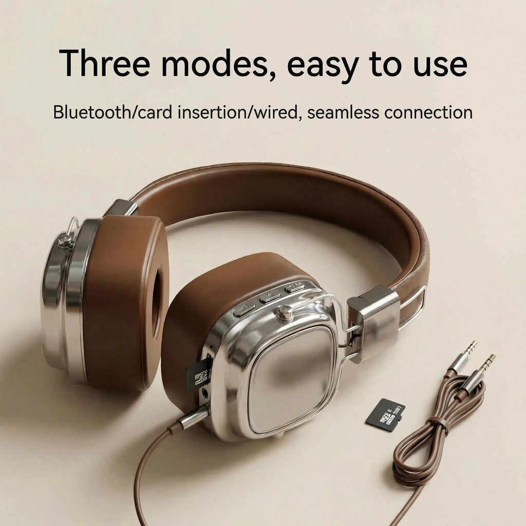 Retro Leather Over-ear Headphones Wireless Bluetooth 5.3 Foldable Noise Cancelling Stereo Music Headset With Cable For Phone PC