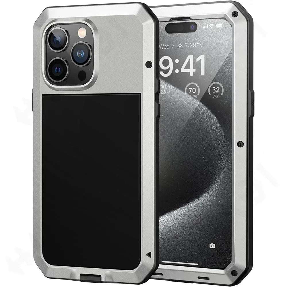 For iPhone 16 15 14 13 12 11 Pro Max X XR 8 7 Plus Aluminum Metal Tank Case Heavy Duty Shockproof Rugged Armor Cover Screen Film