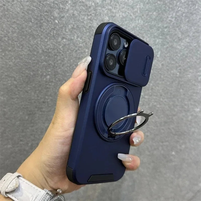 Heavy-Duty Rugged Armor Magnetic Bracket Phone Case For iPhone 18 17 16 15 14 13 12 11 Pro Max Slide Camera Protection Cover