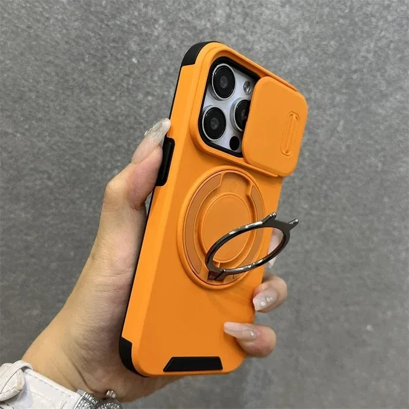 Heavy-Duty Rugged Armor Magnetic Bracket Phone Case For iPhone 18 17 16 15 14 13 12 11 Pro Max Slide Camera Protection Cover