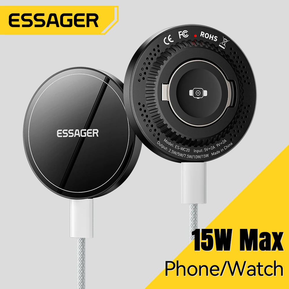 Essager 2-in-1 Magnetic Wireless Charger 15W With Holder Portable Fast Charging For iPhone 16 15 14 Pro Max iWatch Huawei Xiaomi