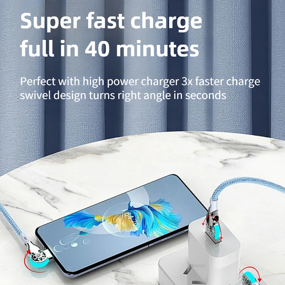 QC3.0 Fast Charging Cable 180 Degree Elbow Rotation PD Fast Charge Cable USB To Type C  Zinc Alloy Braided Data Cable For iPhone