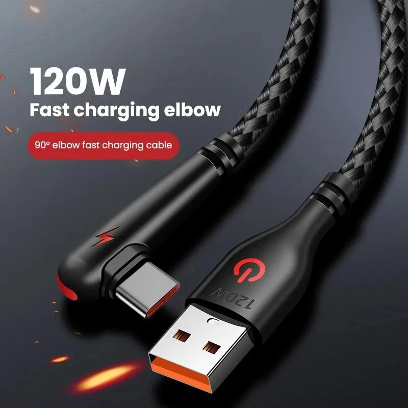 90° Elbow Type-C USB Fast Charging Cable For iPhone 15 16 17 Pro Xiaomi Redmi POCO Huawei Honor Quick Charge Nylon Braided Cable
