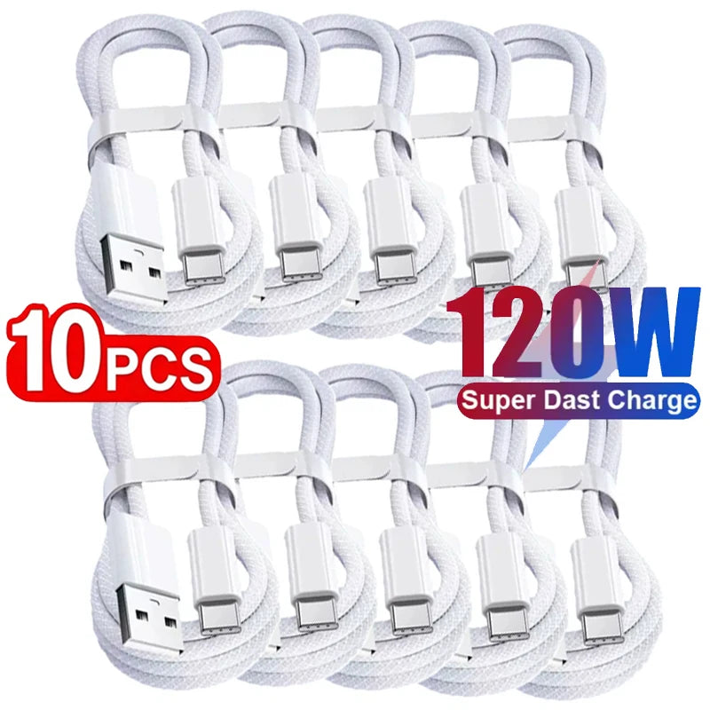 10Pcs 120W USB C Phone Cable For iPhone 16 15 17 Pro Max Plus Fast Charging Type-C Charge Braided Cables USB to Type C Data Line