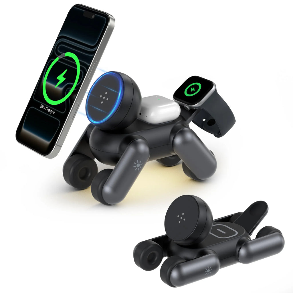 3-in-1 Magnetic Wireless Charger Portable MagSafe Robot Dog Holder Multi-Function Fast Charging Station for Phone Watch Earbuds