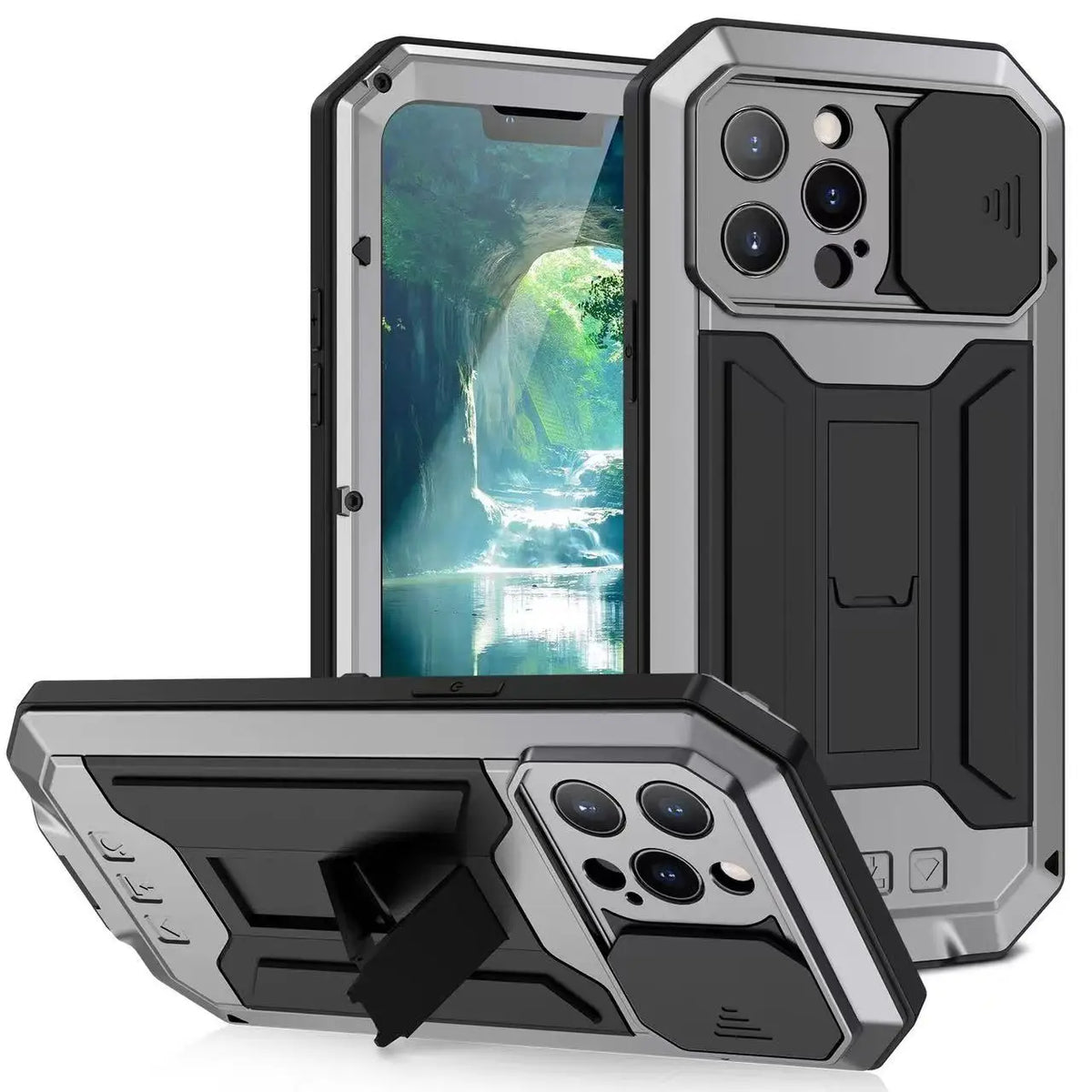 Military Heavy Duty Metal Case for iPhone 14 15 16 17 Pro Max Plus Slide Camera Built-in Screen Protector Full Body Hybrid Cover