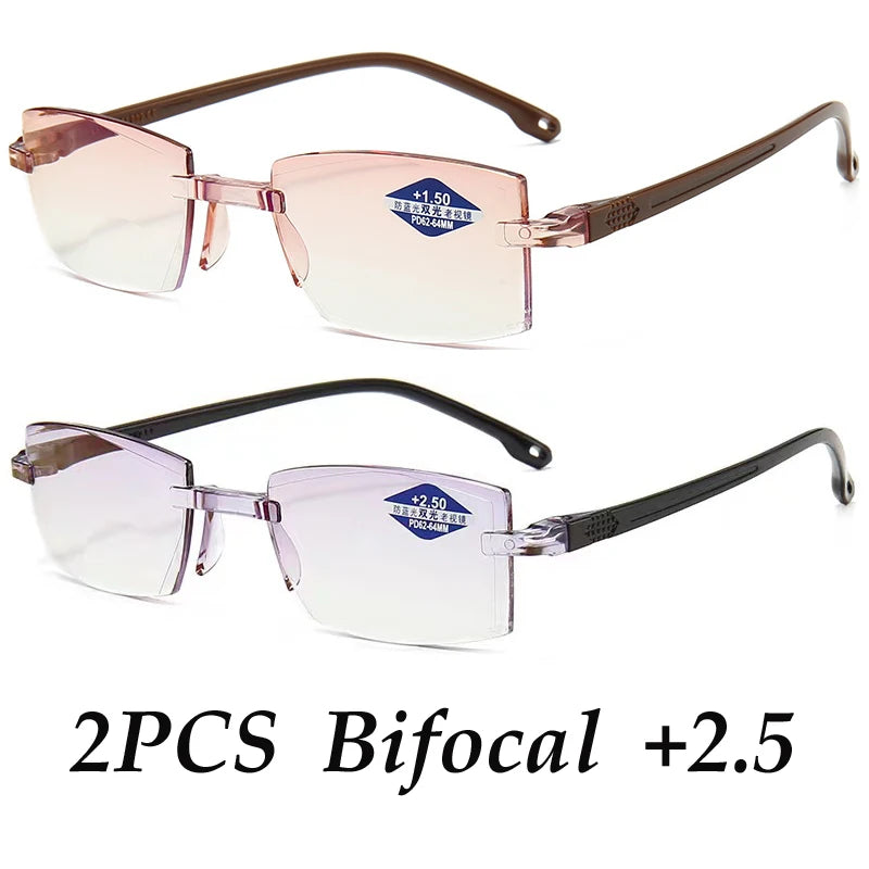 2PCS Rimless Bifocal Progressive Reading Glasses Men Women Near and Far Anti-blue Light Eyesglasses Rectangular Glasses Eyewear