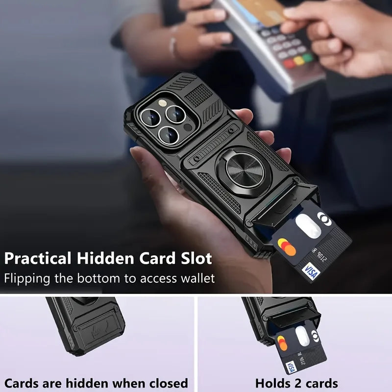 Heavy-Duty Anti-Drop 360° Rotating Metal Stand Phone Case for Iphone 17 16 15 14 13Pro max 11 Hard Shell Double Card Slot Design