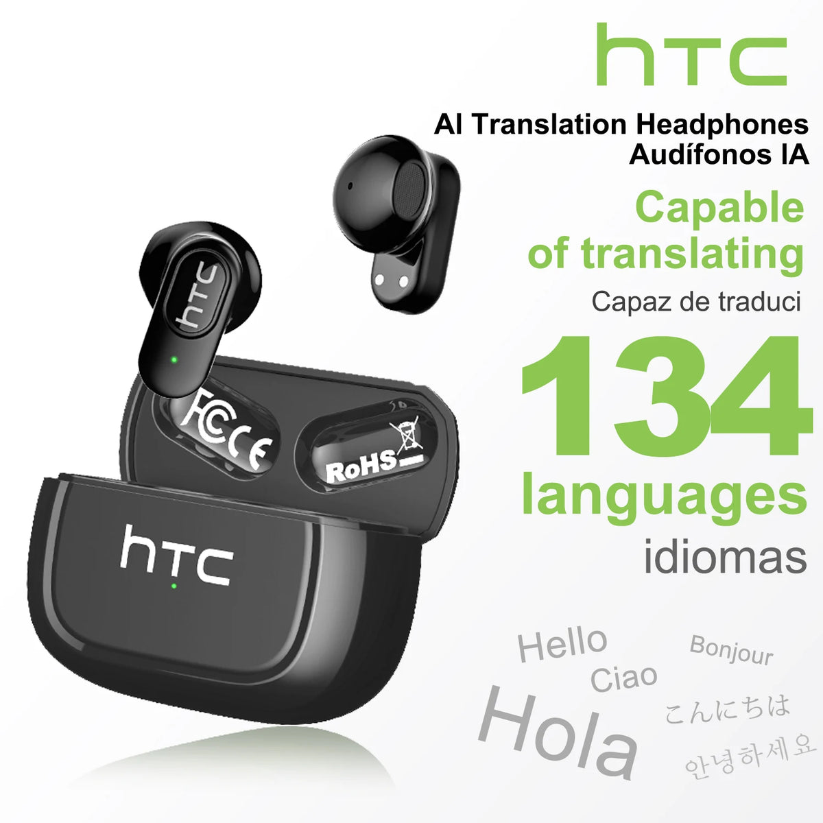HTC NE51 Bluetooth V6.0 Earphone AI Translation Earbuds Noise Reduction Wireless Headphones HD Long-Life Bluetooth Earphones