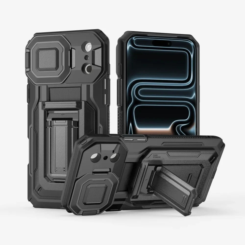 Heavy Duty Armor Case For IPhone17 16 15 14 13 Pro Max  Air Sliding Camera Cover Card Slot Wallet Kickstand Shockproof Bumper