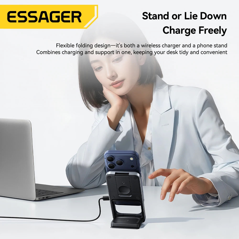 ESSAGER 15W 3-in-1 Magnetic Wireless Charging Station Foldable Phone Stand Charger for iPhone AirPods Watch Fast Charging Holder