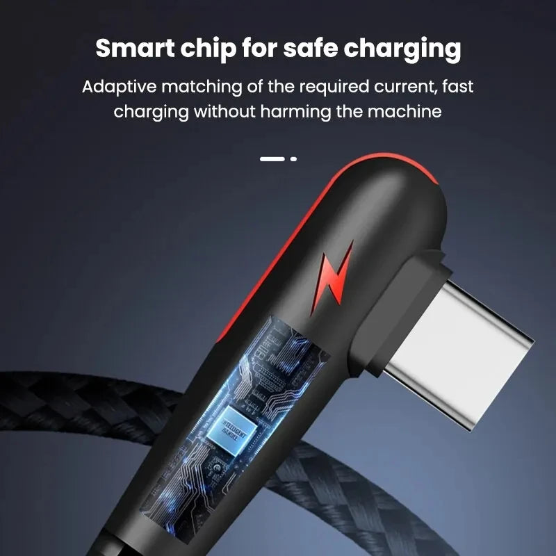 90° Elbow Type-C USB Fast Charging Cable For iPhone 15 16 17 Pro Xiaomi Redmi POCO Huawei Honor Quick Charge Nylon Braided Cable