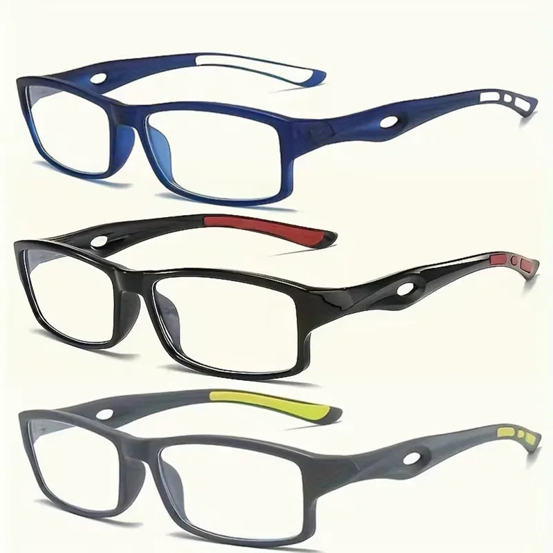 3/5PCS Sport Style Non-Prescription Reading Glasses Anti-Blue Light Rectangular Full Rim Eyewear, PC Frame Material