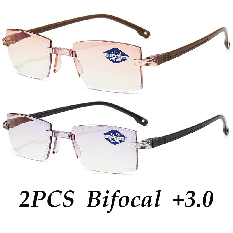 2PCS Rimless Bifocal Progressive Reading Glasses Men Women Near and Far Anti-blue Light Eyesglasses Rectangular Glasses Eyewear
