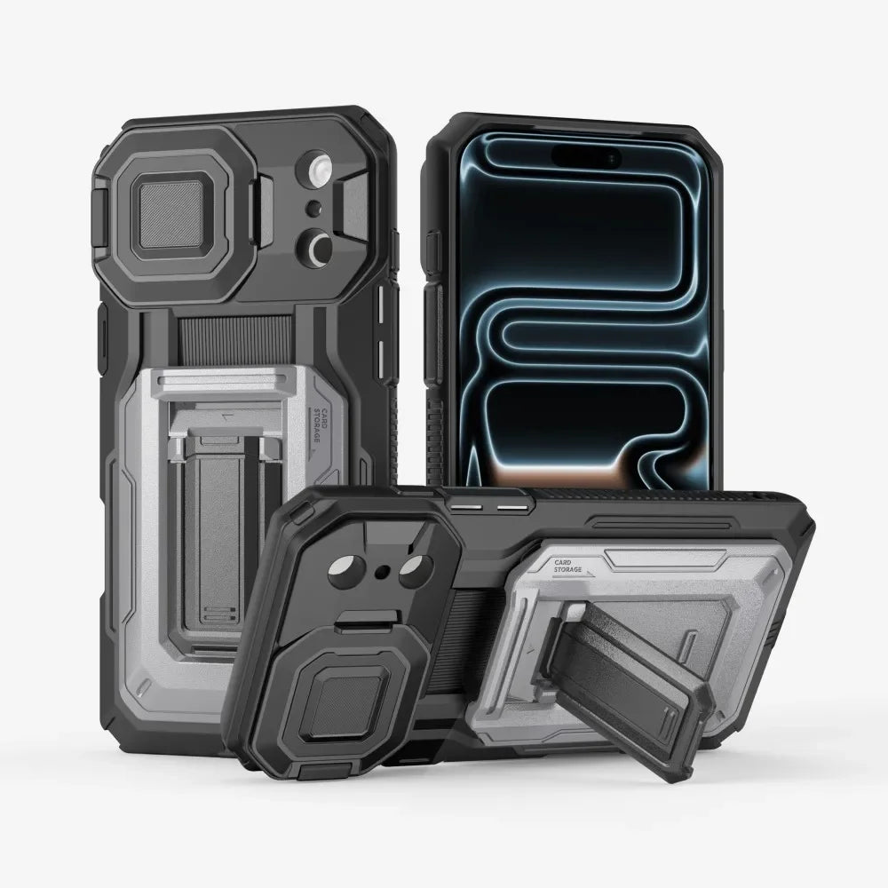 Heavy Duty Armor Case For IPhone17 16 15 14 13 Pro Max  Air Sliding Camera Cover Card Slot Wallet Kickstand Shockproof Bumper