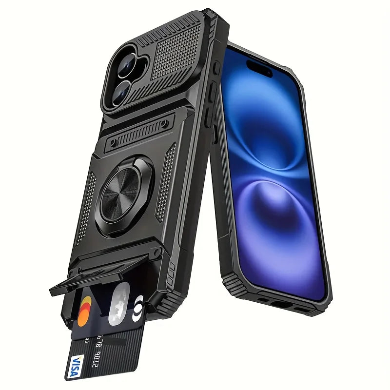 Heavy-Duty Anti-Drop 360° Rotating Metal Stand Phone Case for Iphone 17 16 15 14 13Pro max 11 Hard Shell Double Card Slot Design