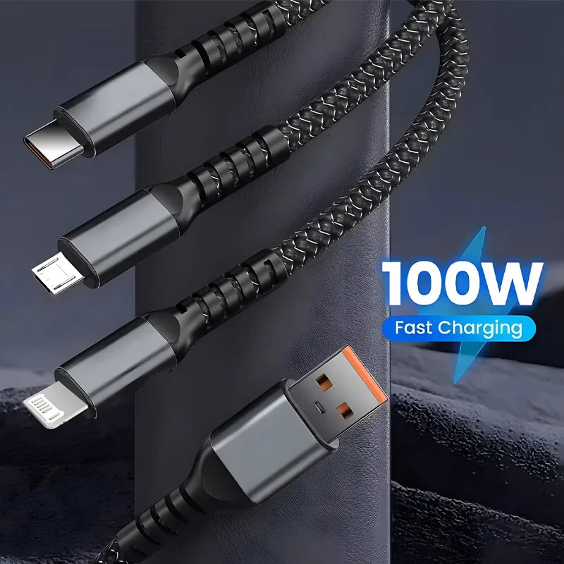 3 In 1 100W Transparent Pilot Lamp Super Fast Charging Cable Universal with TypeC Usb Micro for Iphone Huawei 1.2/2M Data Cable