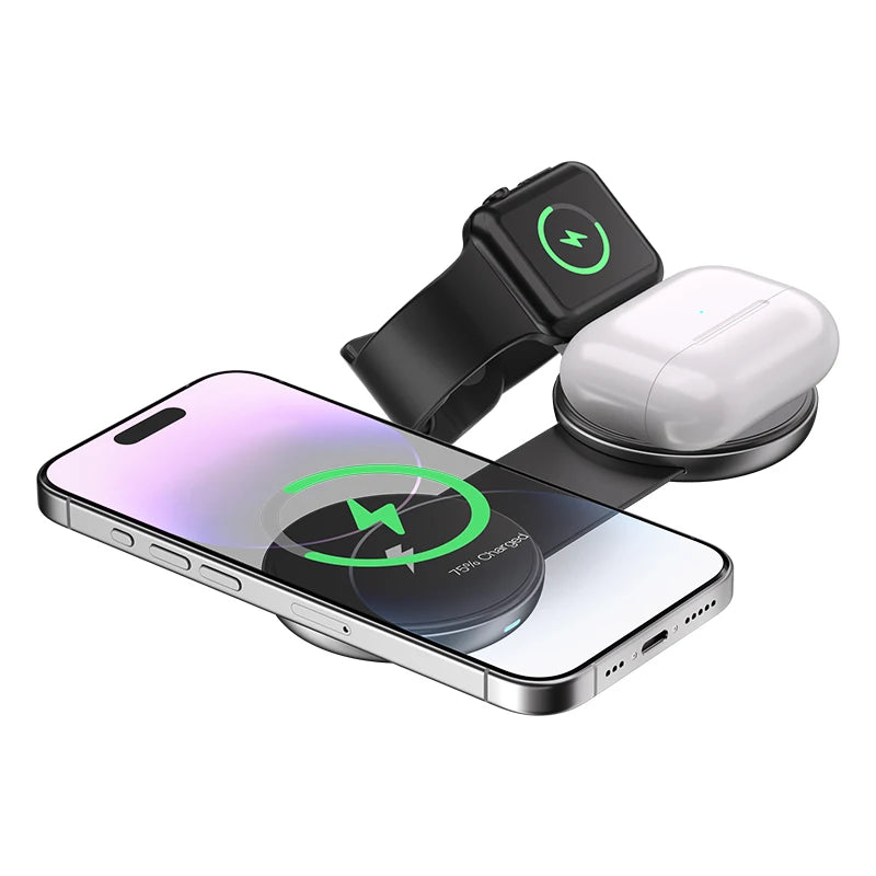 Foldable Magnetic 3-in-1 Wireless Charger, 15W Fast Charging Station for Smartphone Smartwatch Earbuds