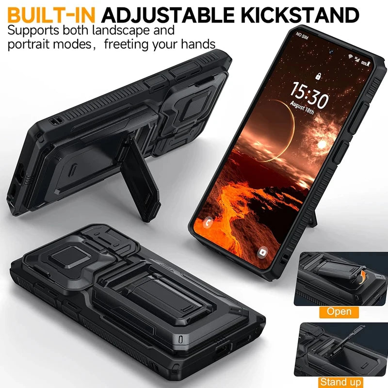 Heavy Duty Armor Case For IPhone17 16 15 14 13 Pro Max  Air Sliding Camera Cover Card Slot Wallet Kickstand Shockproof Bumper