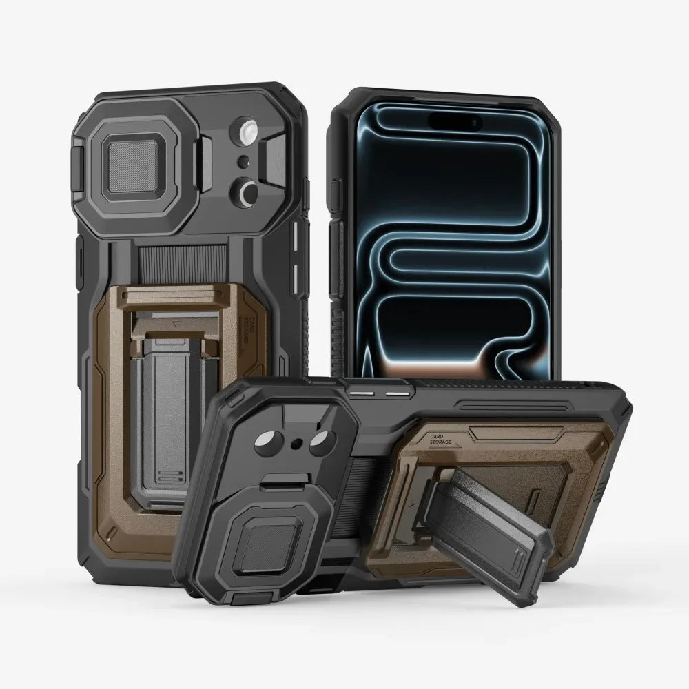 Heavy Duty Armor Case For IPhone17 16 15 14 13 Pro Max  Air Sliding Camera Cover Card Slot Wallet Kickstand Shockproof Bumper