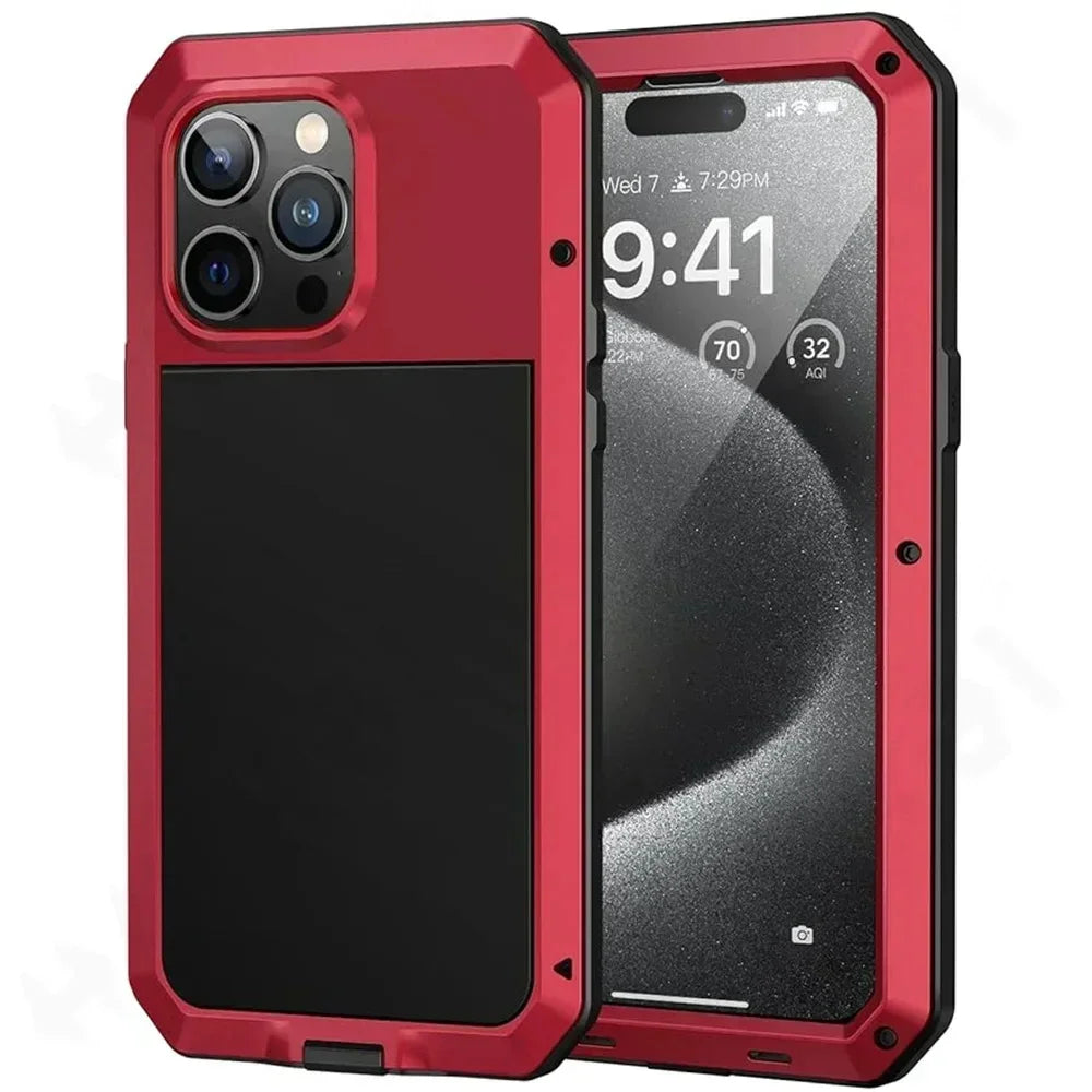 For iPhone 16 15 14 13 12 11 Pro Max X XR 8 7 Plus Aluminum Metal Tank Case Heavy Duty Shockproof Rugged Armor Cover Screen Film