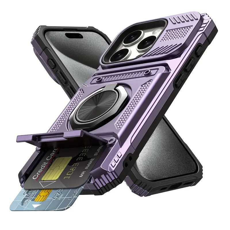 Heavy-duty shockproof phone case with metal stand card slot, suitable for models 17, 16, 15, 14 Pro Max, 16E, iPhone 11, 7/8 Plu