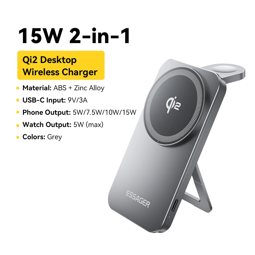 Essager 2-in-1 Wireless Charger Qi2 15W Magnetic Wireless Charging Stand For iPhone 17 16 15 14 Pro AirPods iWatch 8 9 Charger