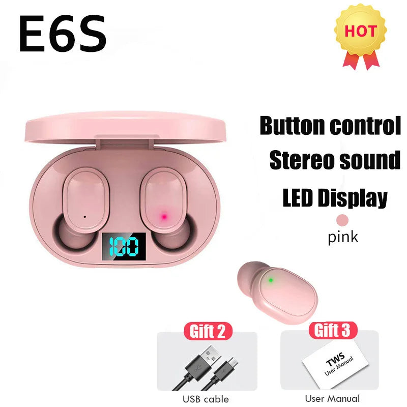 Air E6S TWS Bluetooth Earphones 5.2 Wireless Headphones with Mic Charging Box Handsfree Earbuds for Noise Reduction Headset