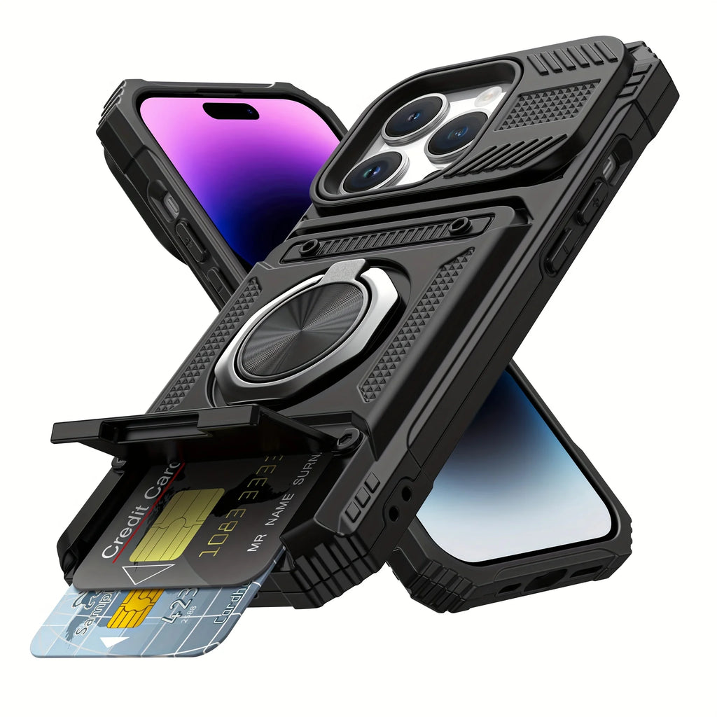 Heavy-duty shockproof phone case with metal stand card slot, suitable for models 17, 16, 15, 14 Pro Max, 16E, iPhone 11, 7/8 Plu