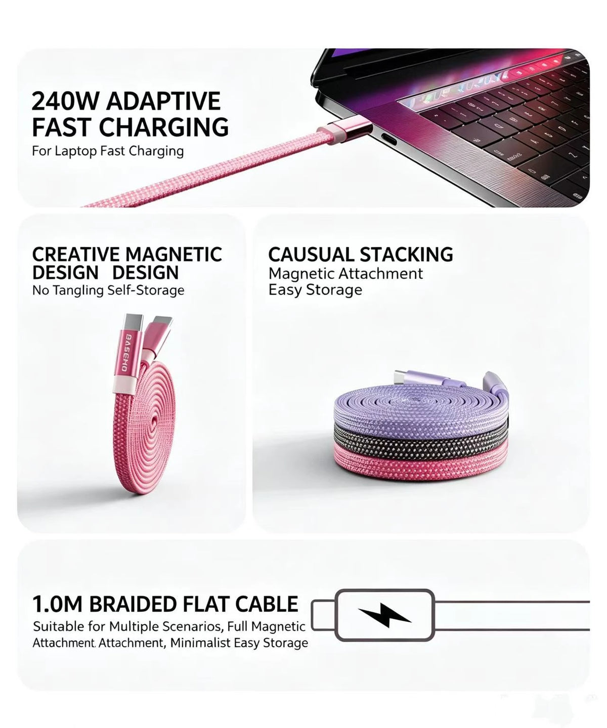 Magnetic 240W Fast Charger Cable USB C To C for Phone