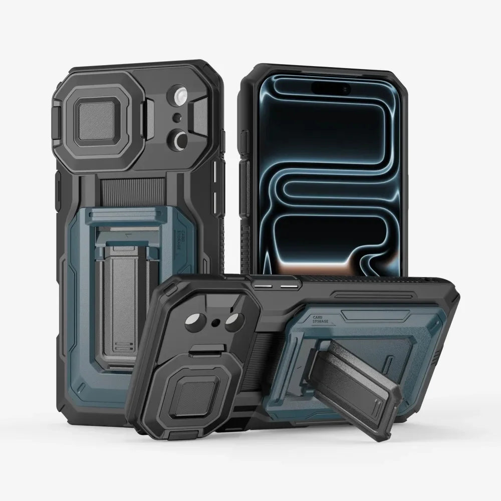 Heavy Duty Armor Case For IPhone17 16 15 14 13 Pro Max  Air Sliding Camera Cover Card Slot Wallet Kickstand Shockproof Bumper