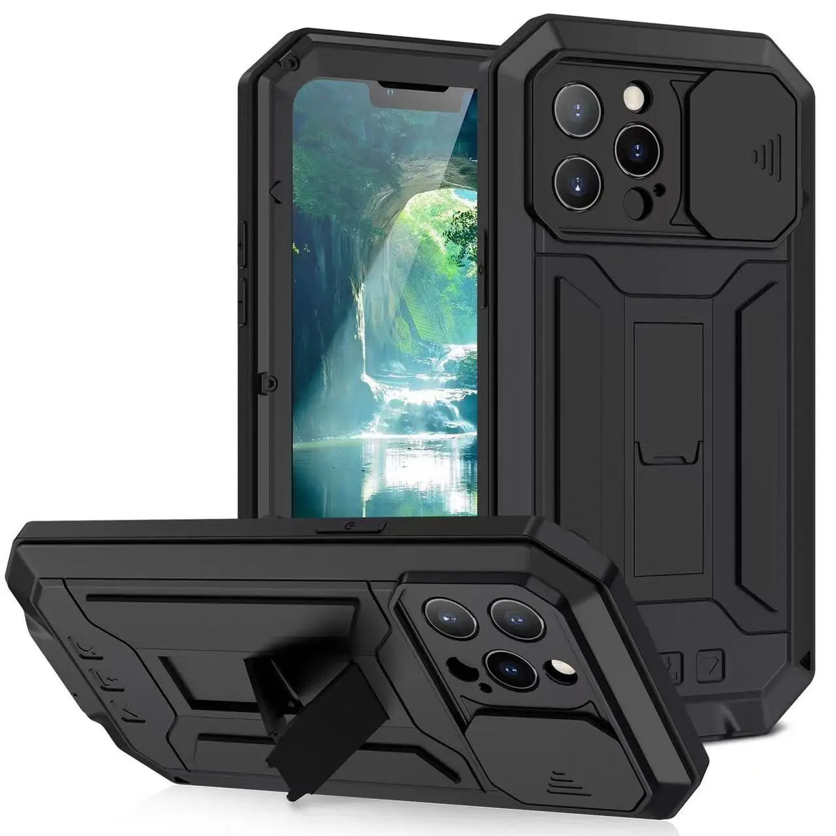 Military Heavy Duty Metal Case for iPhone 14 15 16 17 Pro Max Plus Slide Camera Built-in Screen Protector Full Body Hybrid Cover