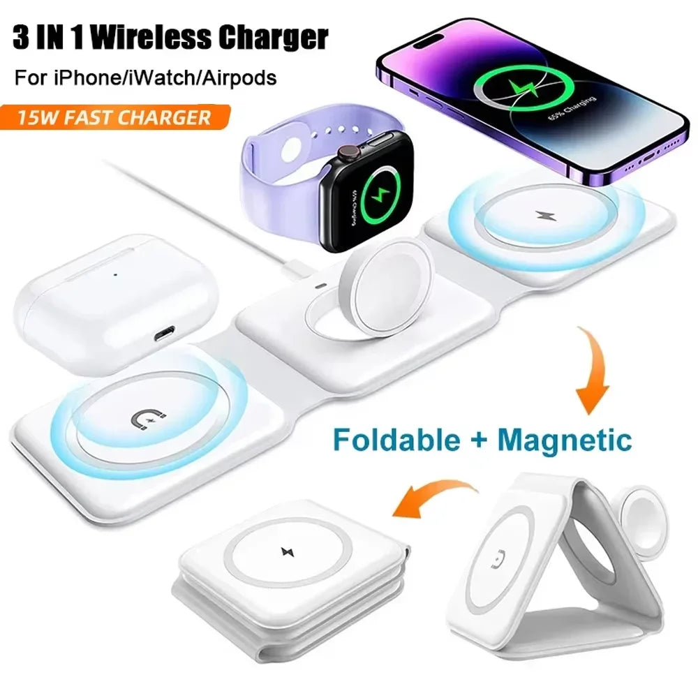 3 in 1 Magnetic Wireless Charger Pad Stand for iPhone 17 16 15 14 130 Pro Max Airpods iWatch Fast Wireless Charging Dock Station