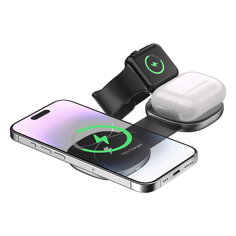 Foldable Magnetic 3-in-1 Wireless Charger, 15W Fast Charging Station for Smartphone Smartwatch Earbuds
