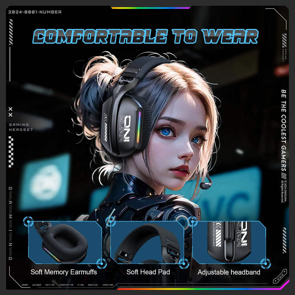 ONIKUMA Wireless Gaming Headset 2.4G/Wired/Bluetooth 3 Modes Bendable HD Mic Soft Ear Pads Immersive Sound for PC/PS4/5 GT808