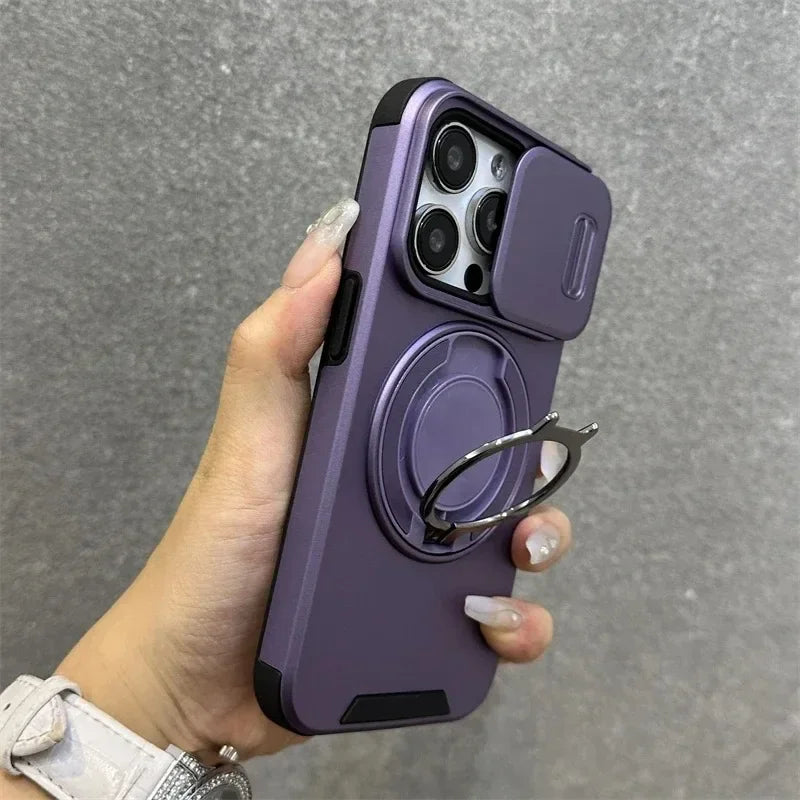 Heavy-Duty Rugged Armor Magnetic Bracket Phone Case For iPhone 18 17 16 15 14 13 12 11 Pro Max Slide Camera Protection Cover