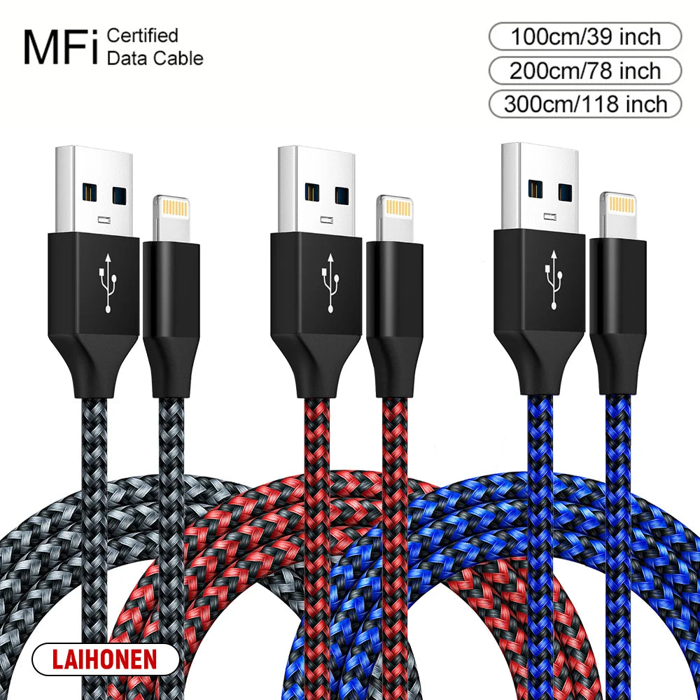 LAIHONEN USB Cable For iPhone 5 6 7 8 Plus X XS XR 11 12 13 14 Pro Max SE 1m 2m 3m Long  Short iOS Data Charger Cord Fast Charge