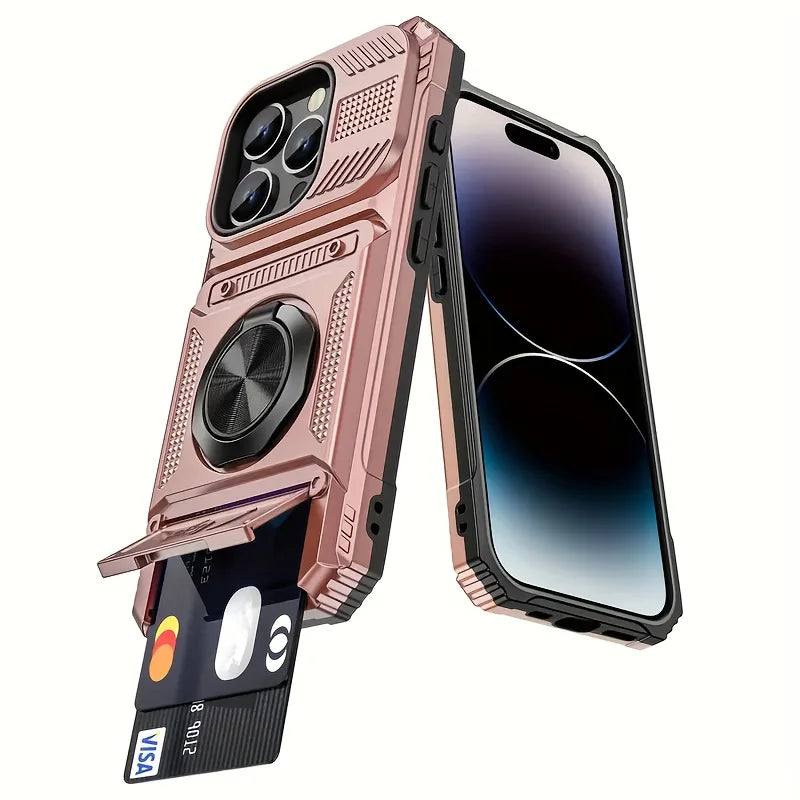Heavy-Duty Anti-Drop 360° Rotating Metal Stand Phone Case for Iphone 17 16 15 14 13Pro max 11 Hard Shell Double Card Slot Design