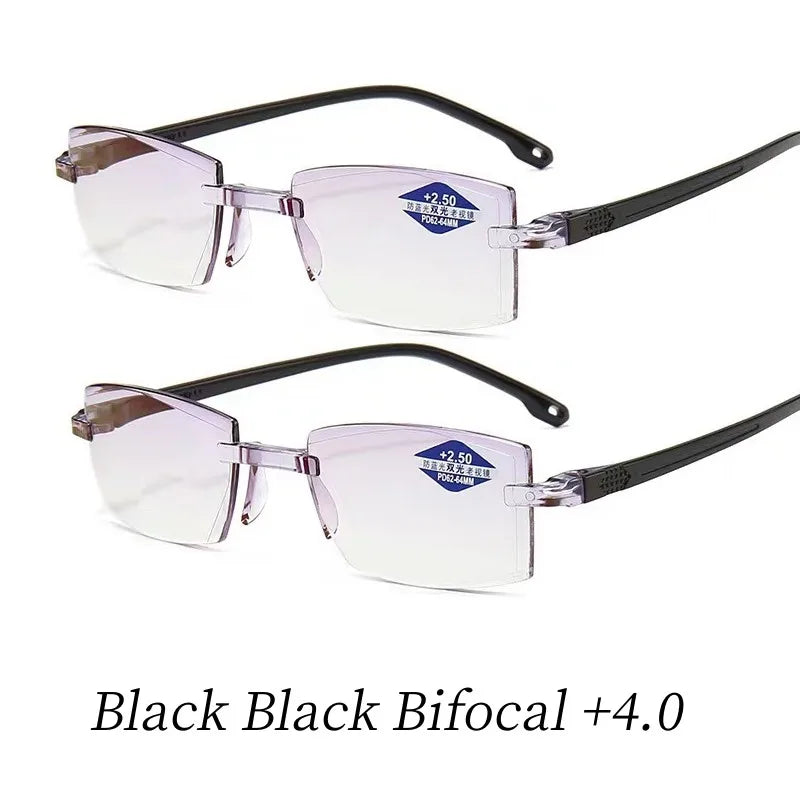 2PCS Rimless Bifocal Progressive Reading Glasses Men Women Near and Far Anti-blue Light Eyesglasses Rectangular Glasses Eyewear