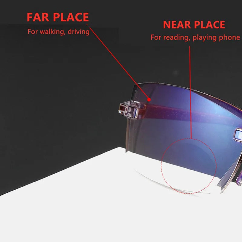2PCS Rimless Bifocal Progressive Reading Glasses Men Women Near and Far Anti-blue Light Eyesglasses Rectangular Glasses Eyewear