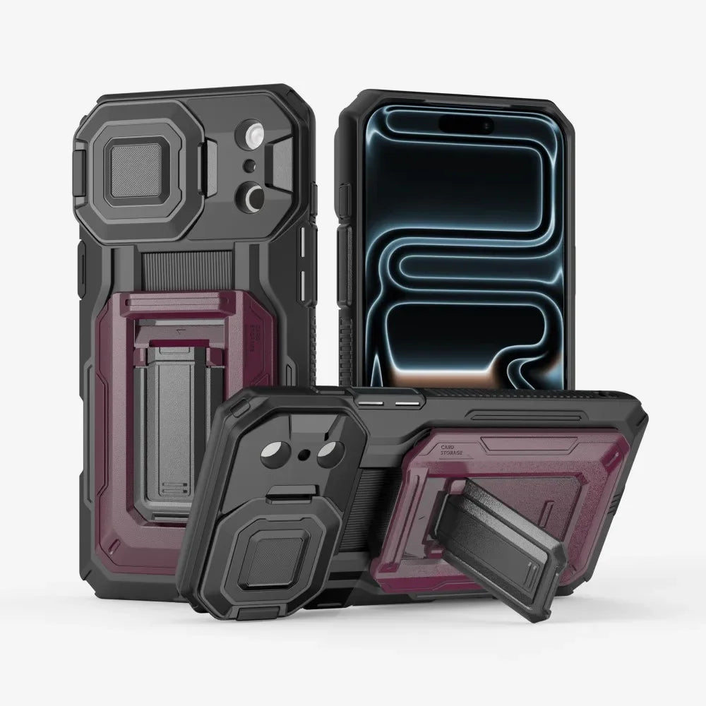 Heavy Duty Armor Case For IPhone17 16 15 14 13 Pro Max  Air Sliding Camera Cover Card Slot Wallet Kickstand Shockproof Bumper