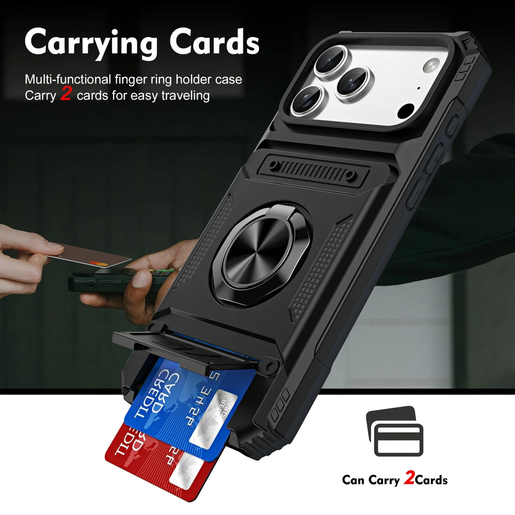 Heavy-Duty Anti-Drop 360° Rotating Metal Stand Phone Case for Iphone 17 16 15 14 13Pro max 11 Hard Shell Double Card Slot Design