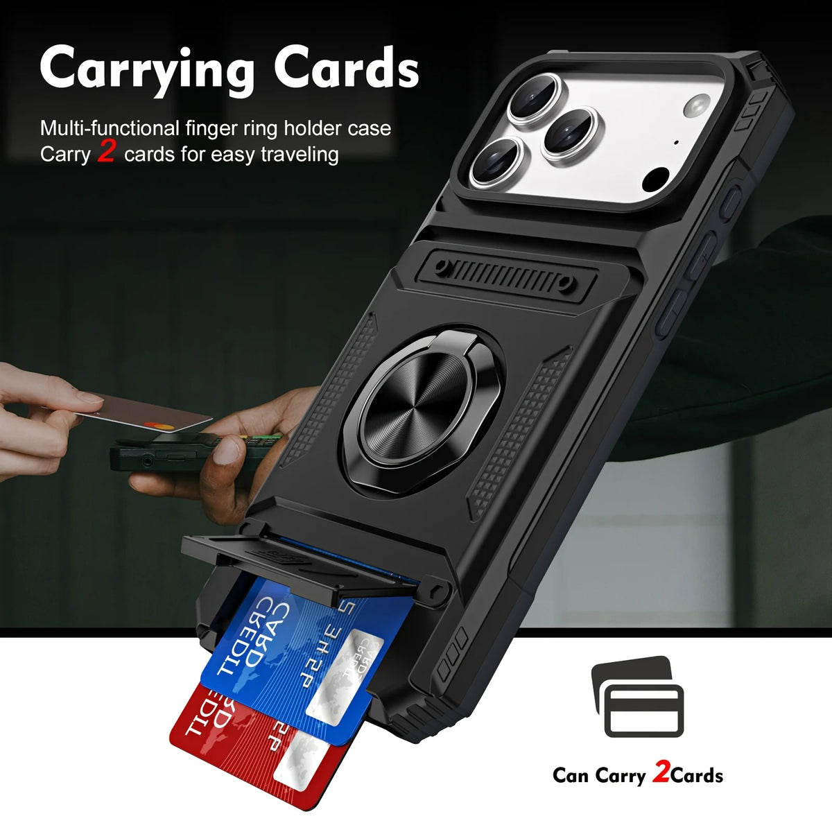 Heavy-Duty Anti-Drop 360° Rotating Metal Stand Phone Case for Iphone 17 16 15 14 13Pro max 11 Hard Shell Double Card Slot Design
