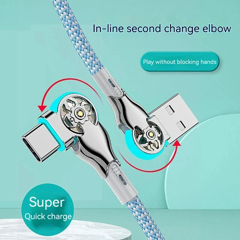 180 Degree Elbow Rotation USB A To Type C Micro USB Cable Zinc Alloy Braided LED Indicator Fast Charge Data Charger Wire