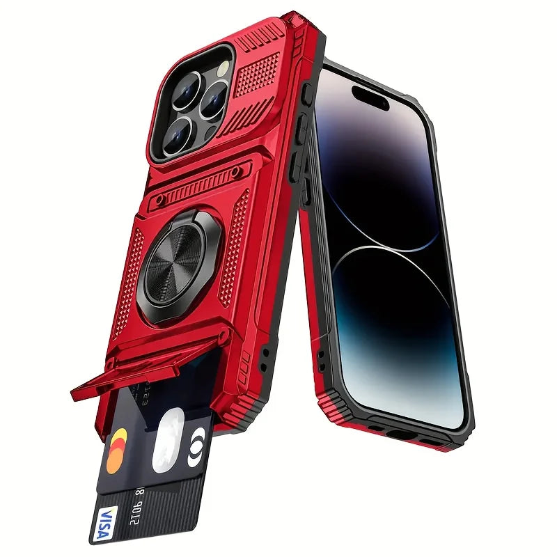 Heavy-Duty Anti-Drop 360° Rotating Metal Stand Phone Case for Iphone 17 16 15 14 13Pro max 11 Hard Shell Double Card Slot Design