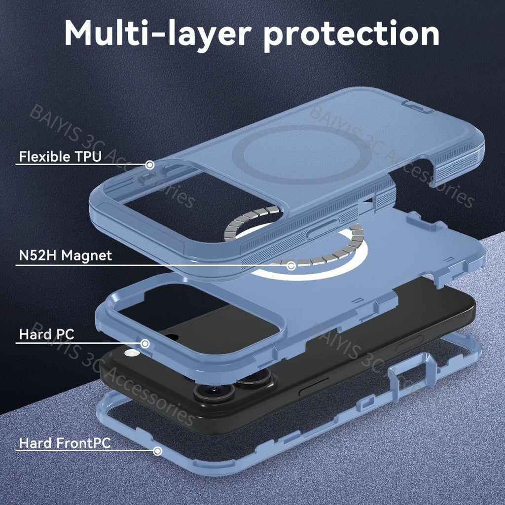 Heavy Duty Hybrid Defender 3-Layer Phone Case for iPhone 13 14 17 18 Pro Max 16 15 Plus Air for Magsafe Rugged Armor Cover Funda