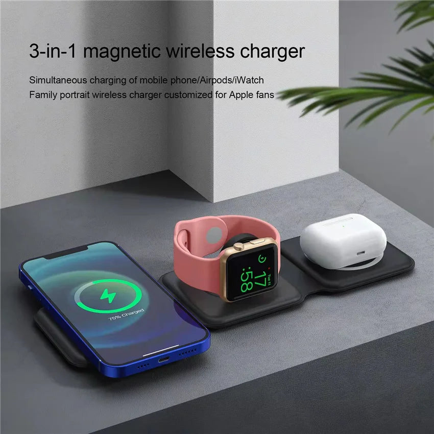 3 in 1 Magnetic Wireless Charger Pad Stand for iPhone 17 16 15 14 130 Pro Max Airpods iWatch Fast Wireless Charging Dock Station