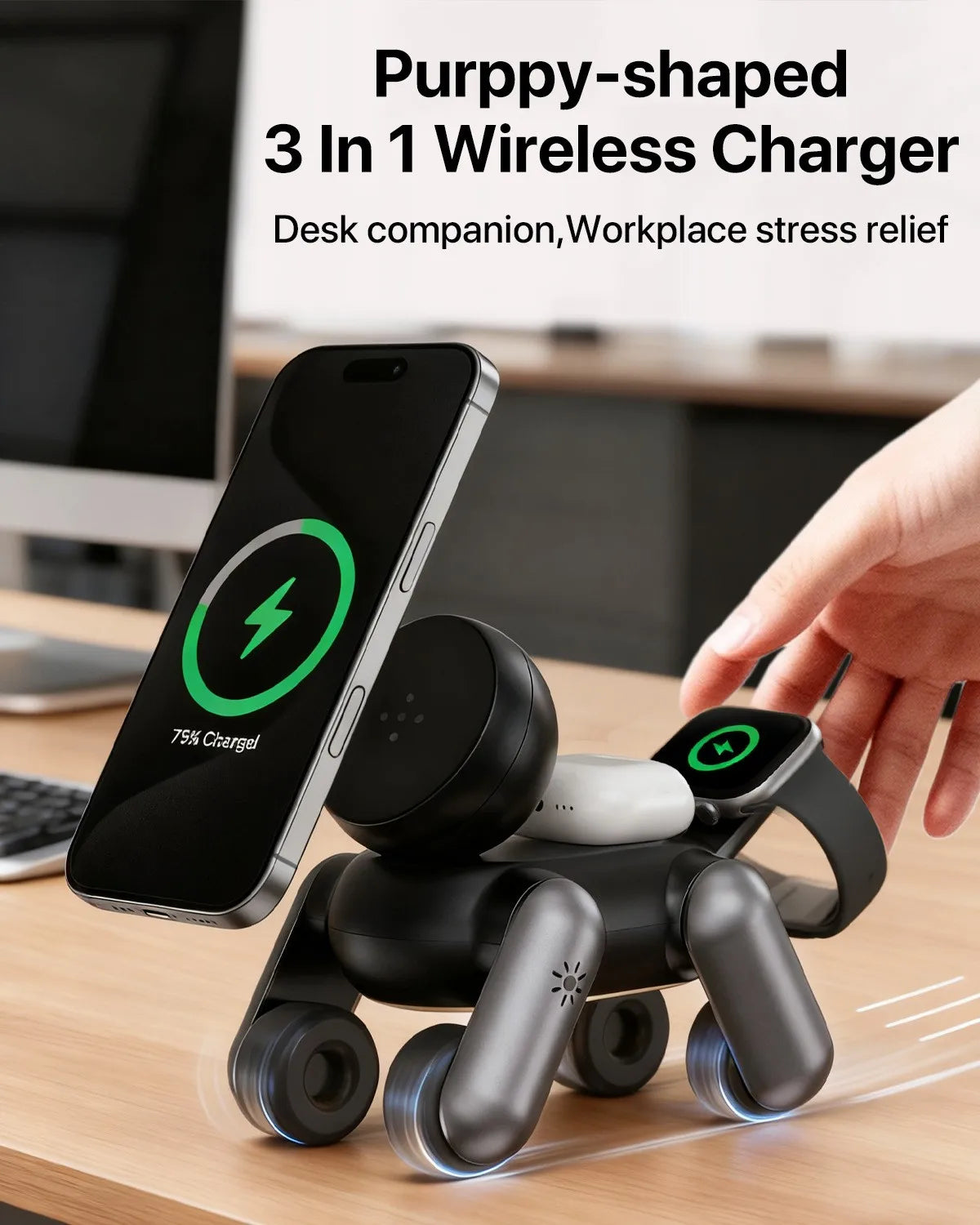 3-in-1 Magnetic Wireless Charger Portable MagSafe Robot Dog Holder Multi-Function Fast Charging Station for Phone Watch Earbuds